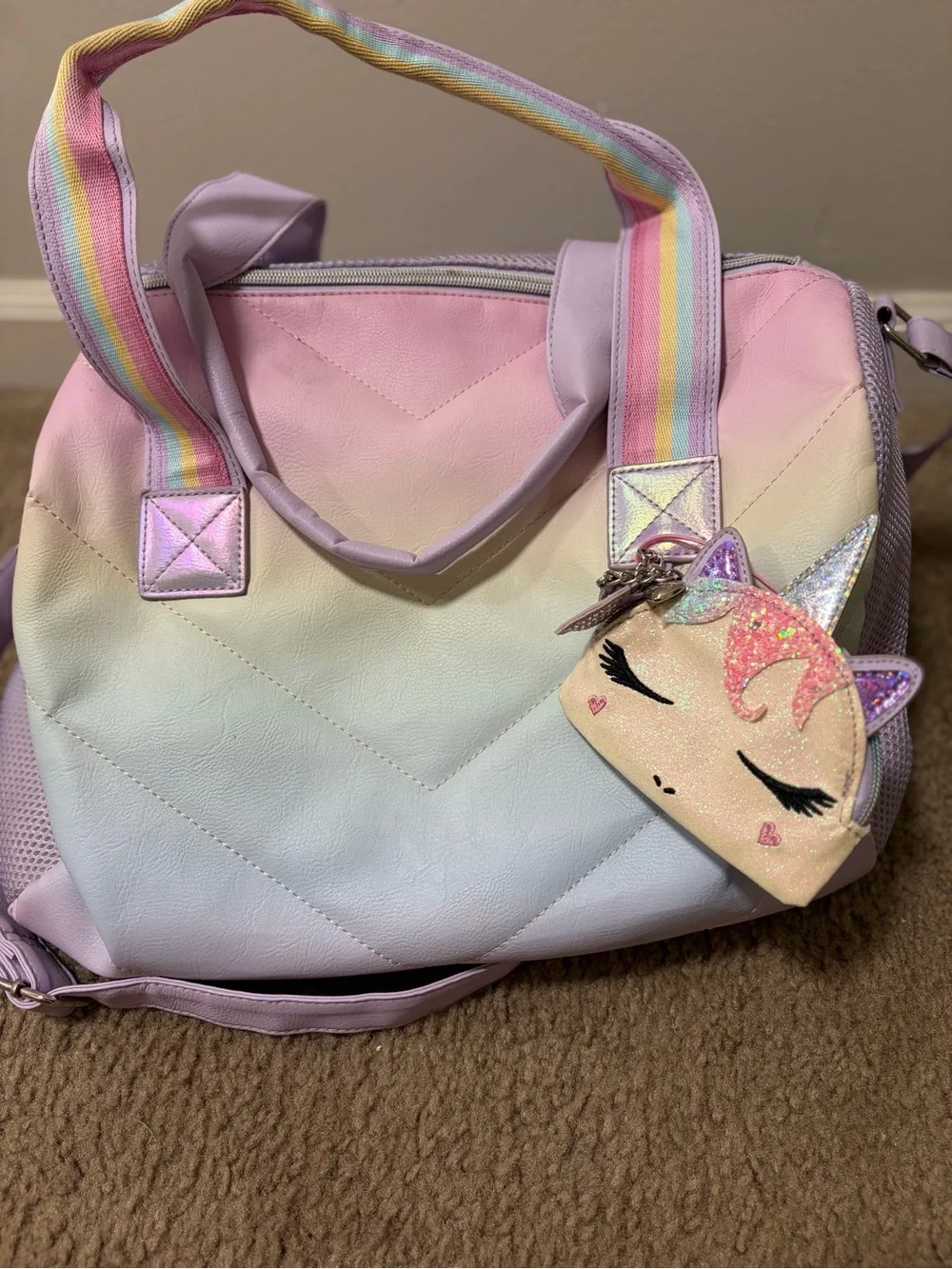 Pastel Unicorn Kids Duffel Bag with Rainbow Strap